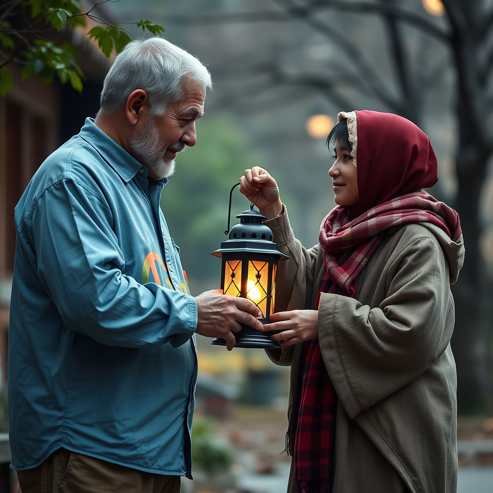 An elderly man and a young woman share a moment while holding a glowing lantern on a misty day, symbolizing warmth and connection amidst the cool, serene backdrop.