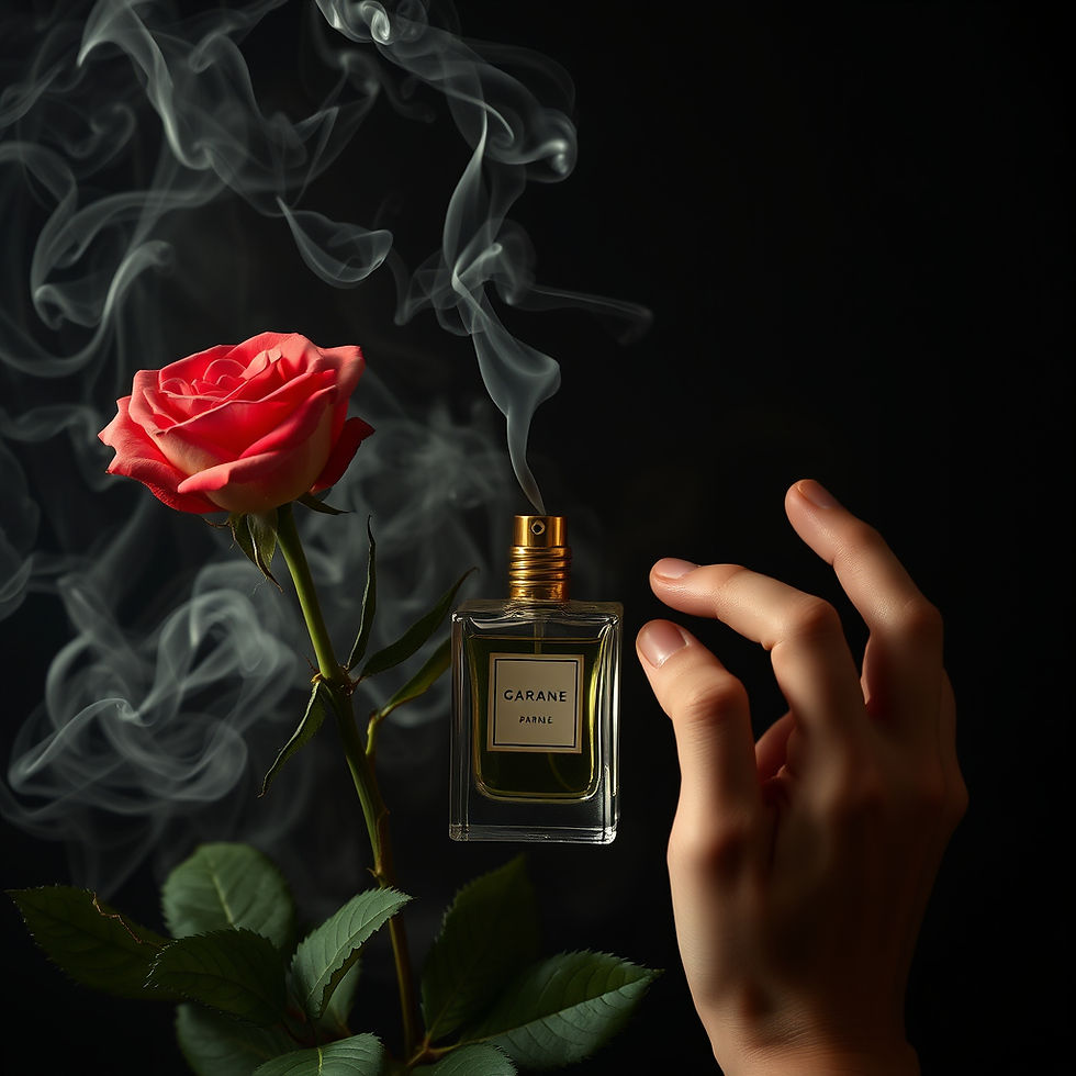 A delicate rose and wafting scent evoke memories of cherished moments and beloved people, captured in the essence of a bottle.