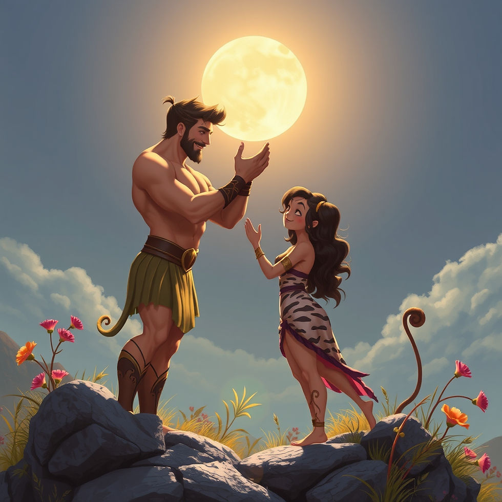 Hercules and Megara share a magical moment under the moonlit sky, surrounded by vibrant flowers on a rocky hill.