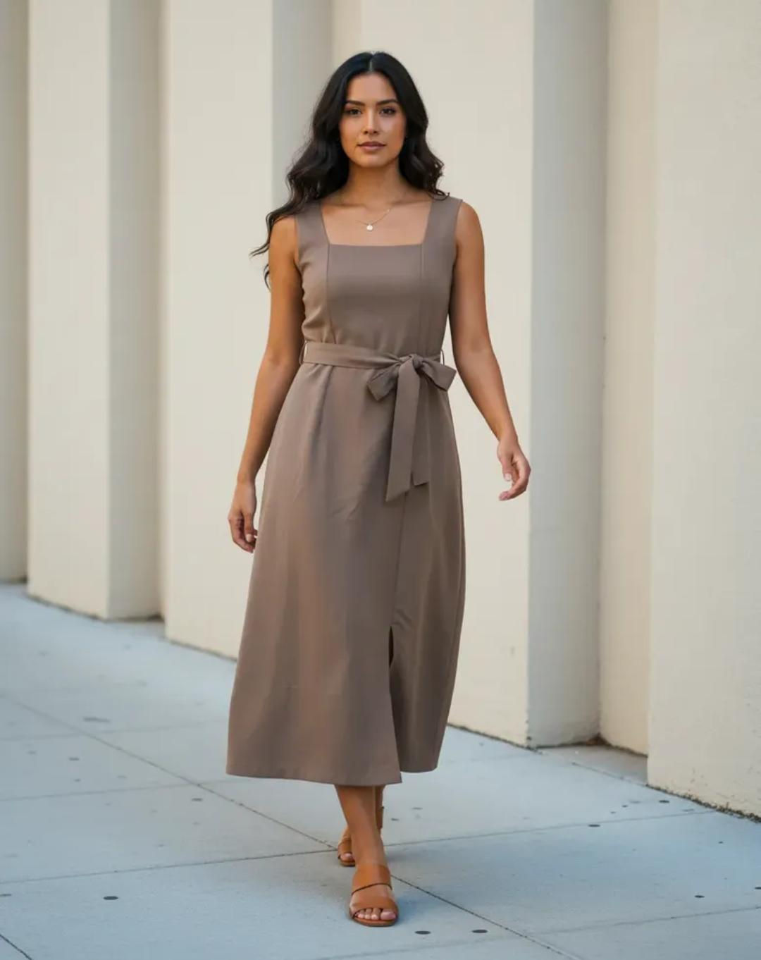 Woman walking in a sleeveless brown MIDI dress with tie waist.