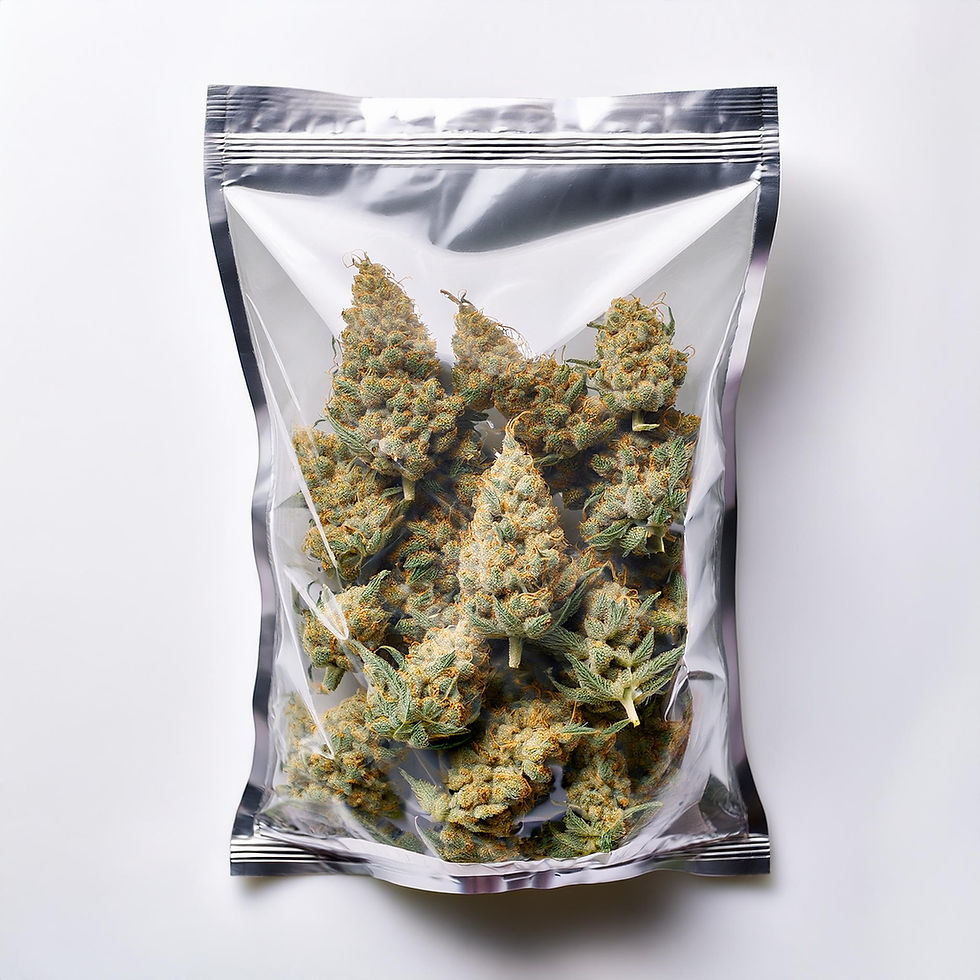 Firefly Generate a high-resolution image of a customized mylar bag filled with assorted ca