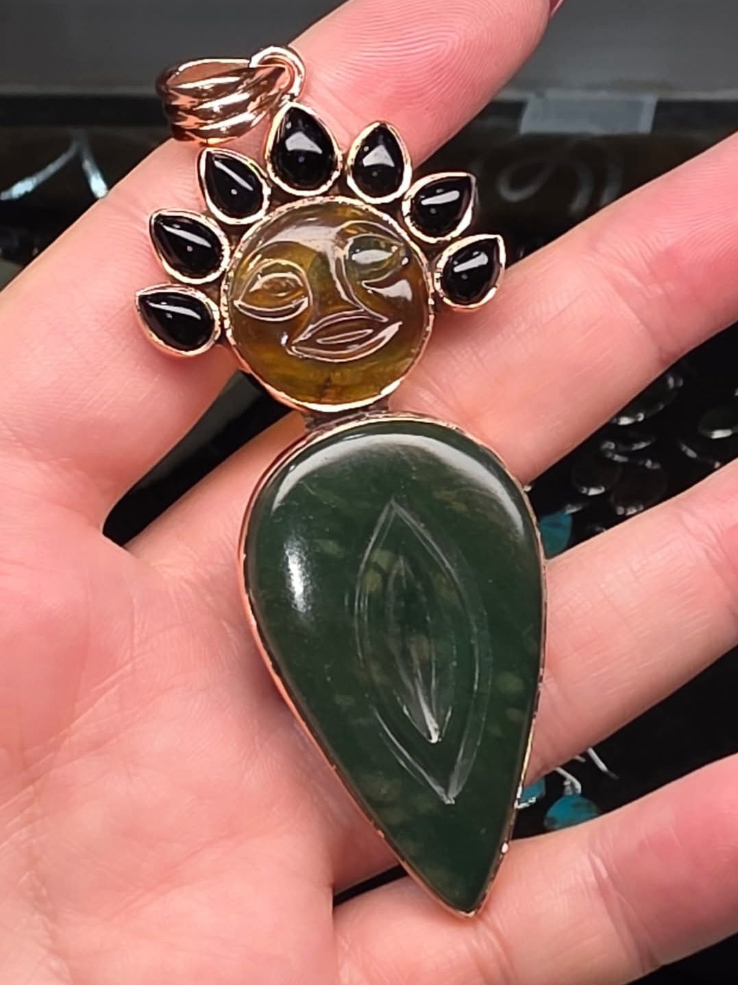 Green Jade VJ with Amber Copper Godess Pendant.