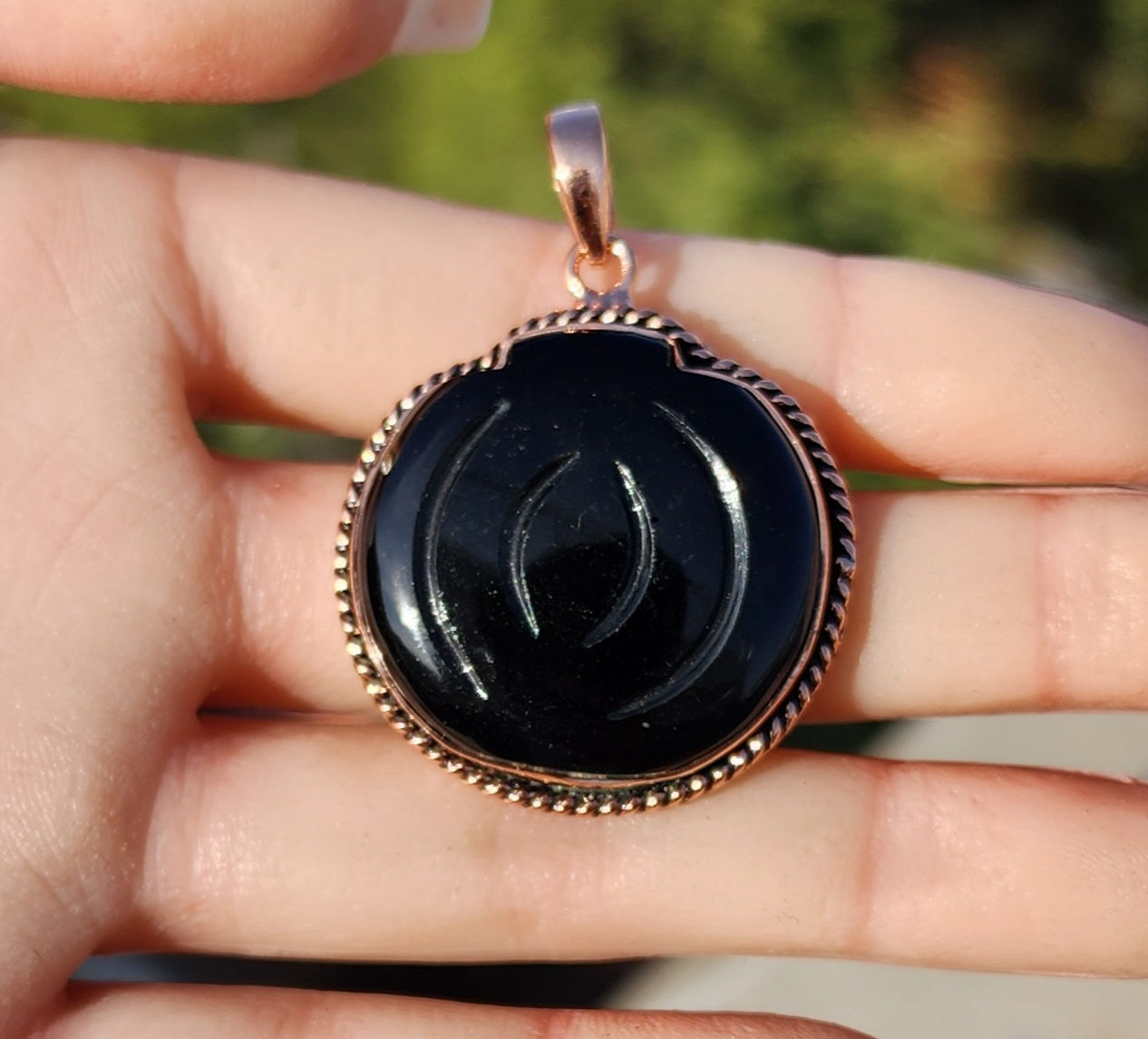 Carved Obsidian Pumpkin Copper Pendant