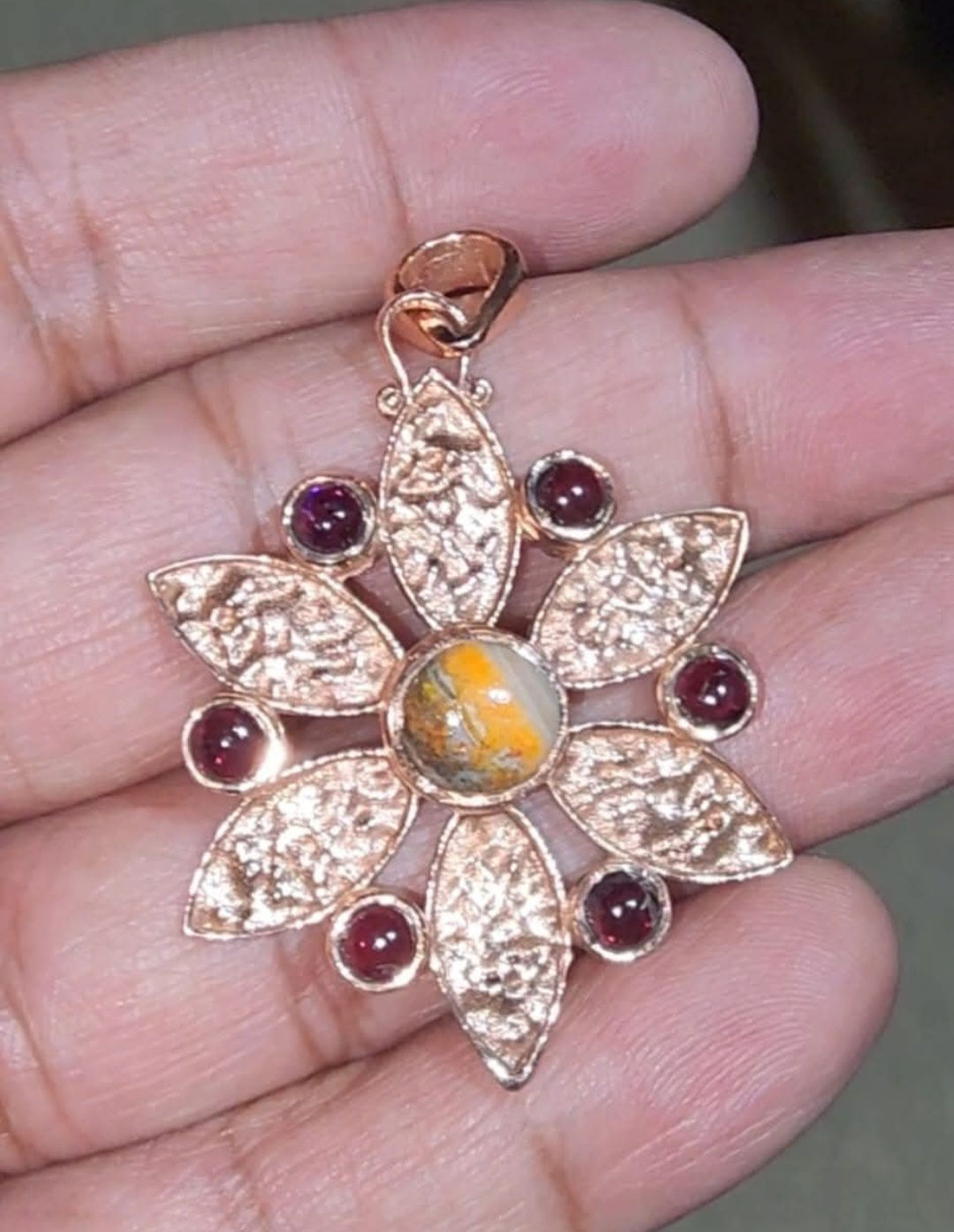 Garnet and Bumble bee Copper Flower Pendant