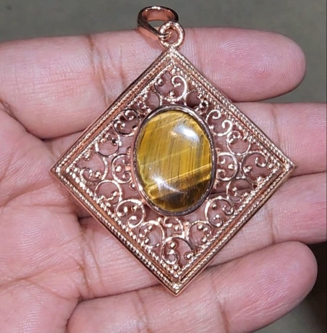 Copper Square Shaped Pendant with Tiger Eye