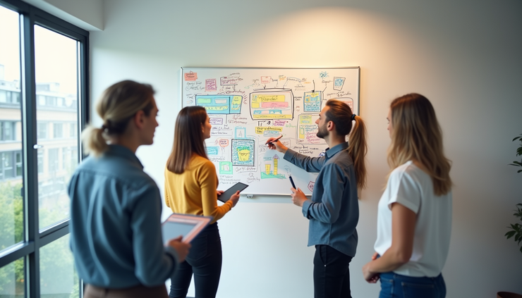 Eye-level view of a creative team brainstorming colorful ad concepts on a whiteboard