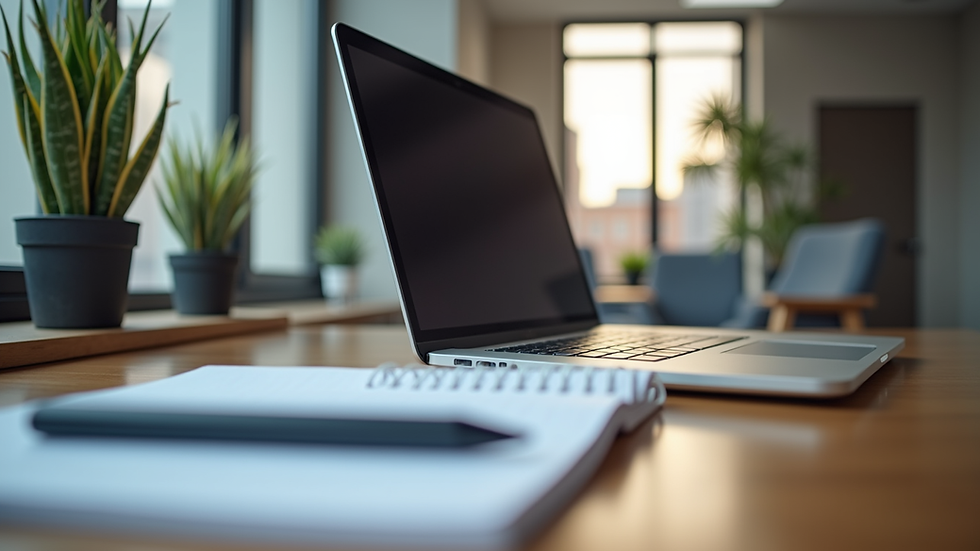 Eye-level view of a modern office workspace with a laptop and notebook