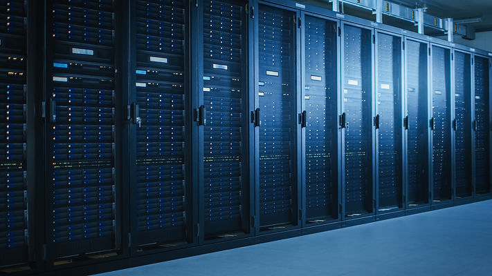 Shot of Modern Data Center With Multiple Rows of Fully Operational Server Racks. Modern Hi