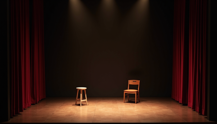 Eye-level view of a small stage set for a one act play with minimal props