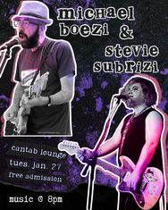 Purple and grayscale photo cutouts of musicians Michael Boezi and Stevie Subrizi.