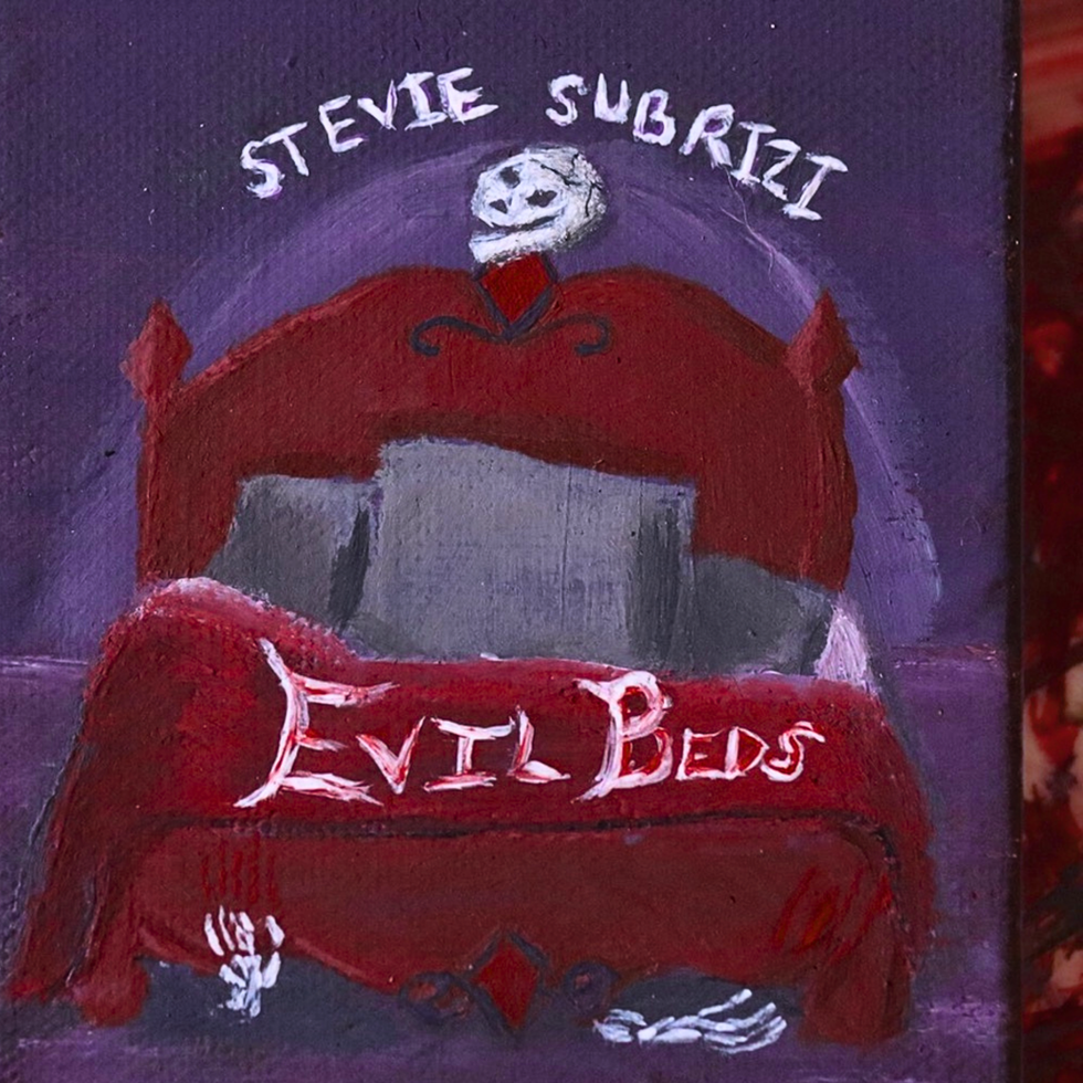 White text - "Stevie Subrizi Evil Beds" a red bed on a purple background with a smiling skull on the center post of the headboard and skeleton hands creeping out from under the bed.
