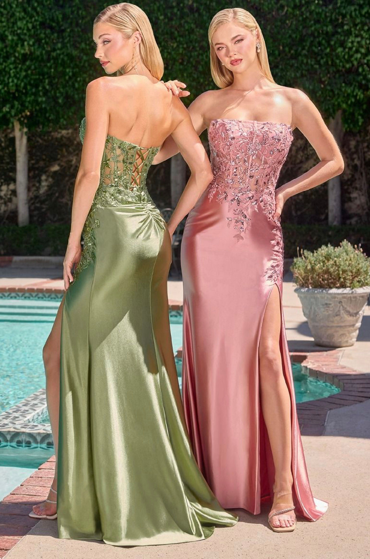 C16826 Strapless neckline with floral beaded applique and sequin embellishments
