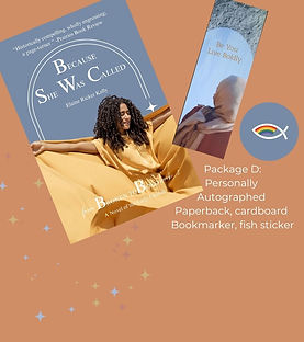 Because She Was Called book and bookmarker and sticker