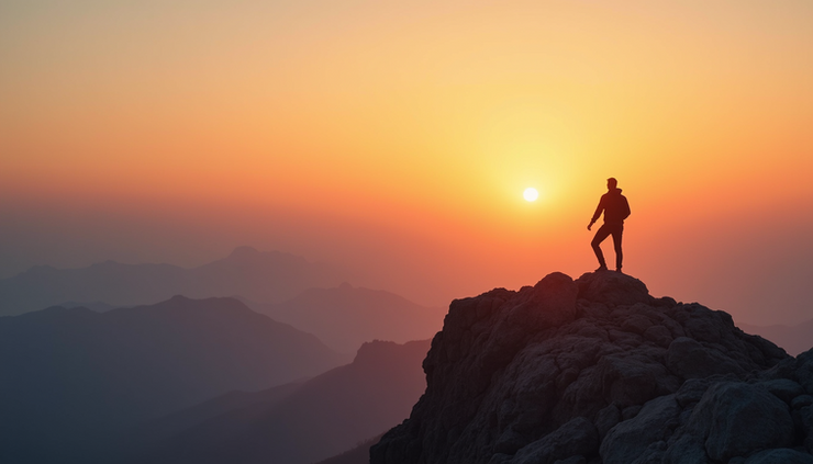 Eye-level view of a single person standing on a mountain peak at sunrise
