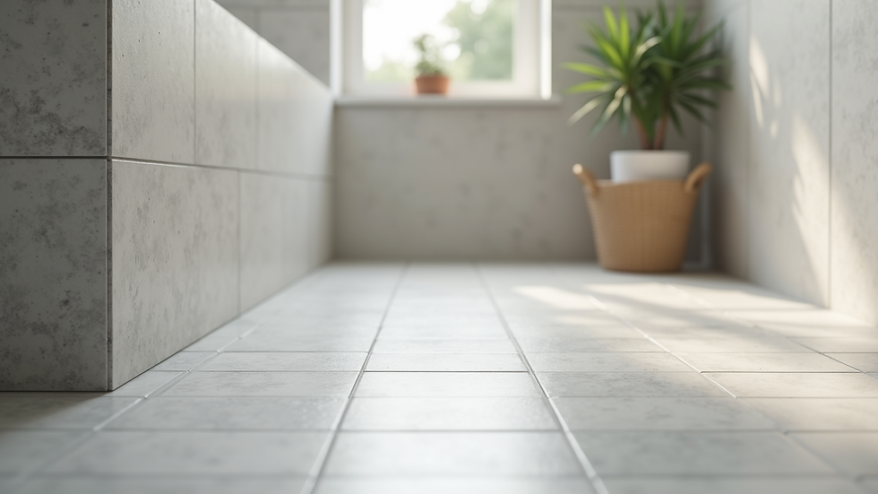 Close-up view of porcelain tile bathroom floor over concrete base