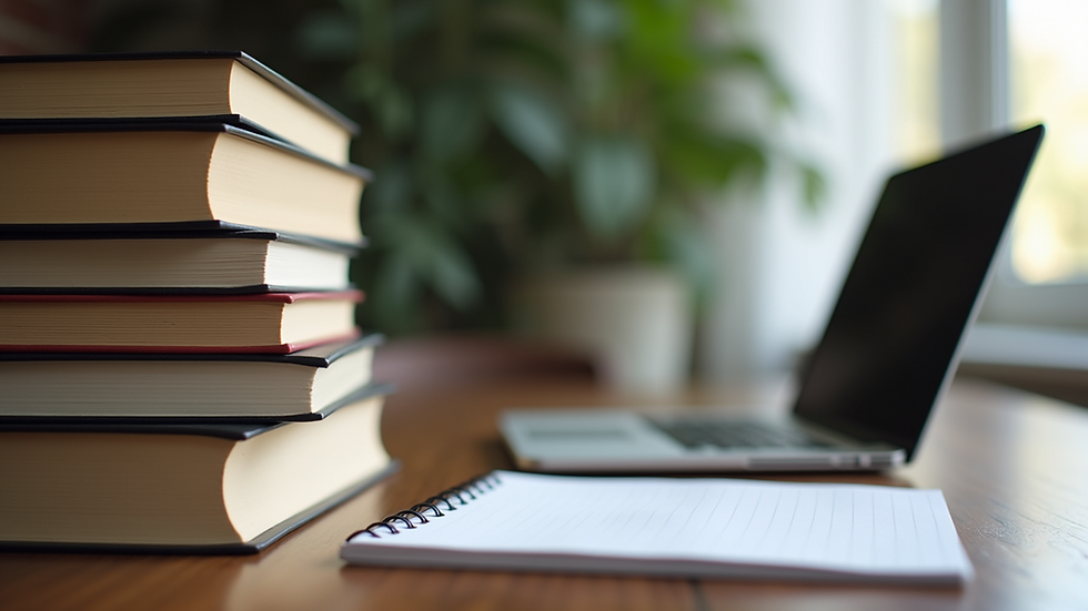 Eye-level view of a stack of books and a laptop on a study desk
