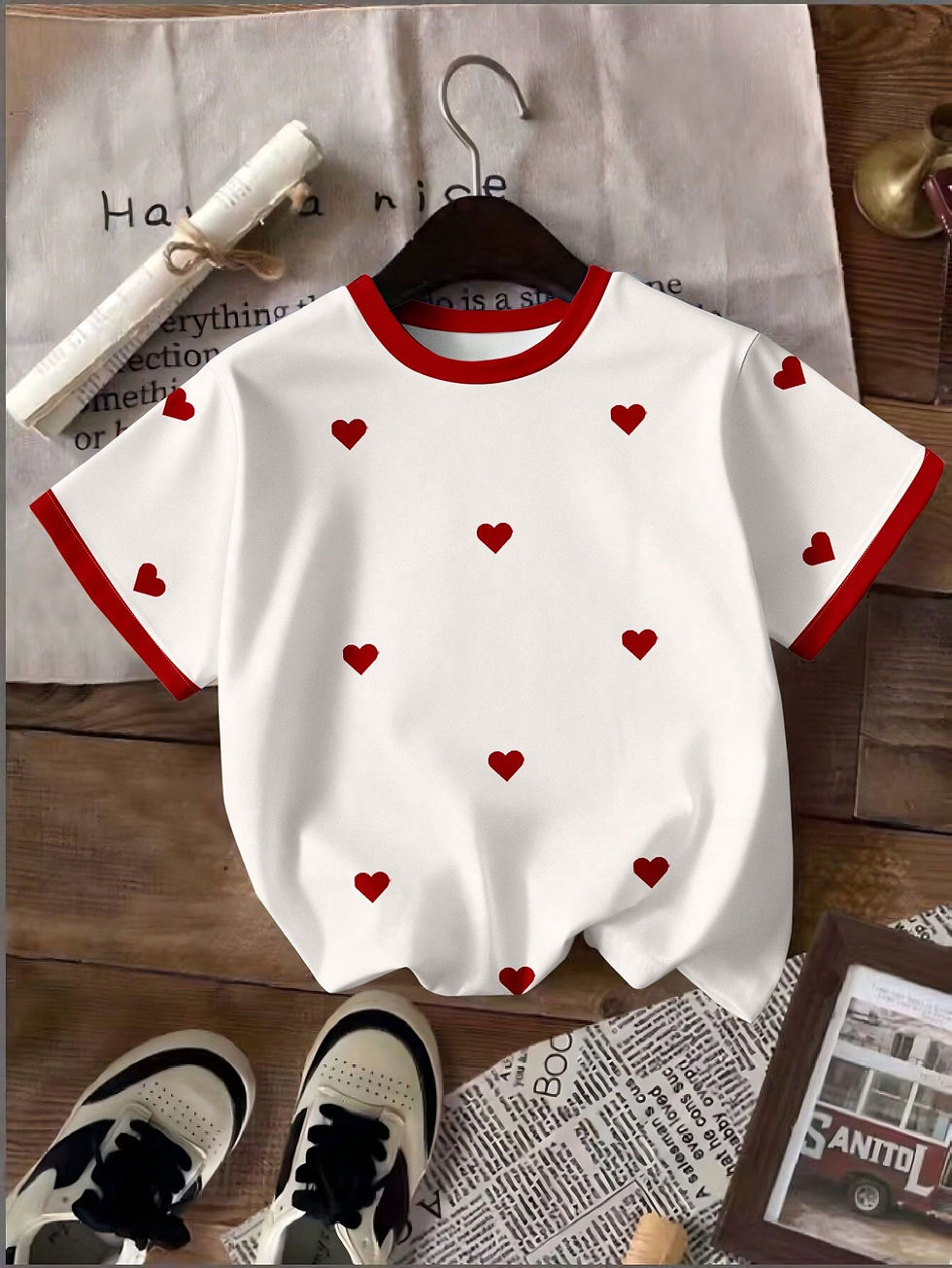 Miniatura: Camiseta feminina de verão com estampa de coração vermelho, manga curta.
