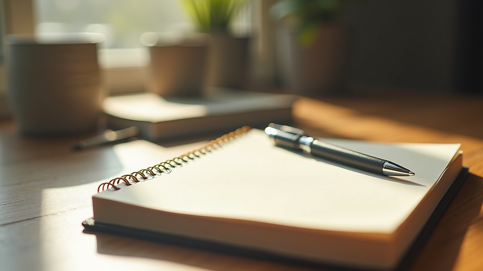 Close-up view of a journal and pen on a wooden table with soft natural light