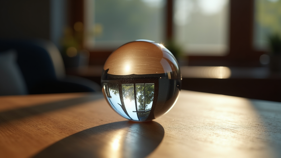 Eye-level view of a crystal ball on a wooden table