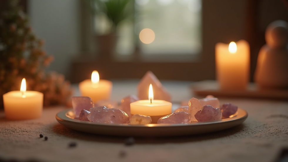 Eye-level view of a peaceful meditation space with candles and crystals