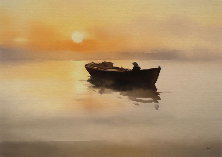 sunrise boat on a lake artwork