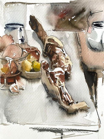 Watercolor Painting of Spanish Ham and Cuisine Still Life by Mazen Boukai
