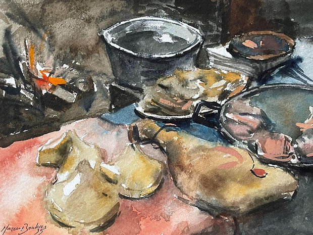 Watercolor Still Life Painting of Spanish Food Ham and Cheese by Arte Boukai