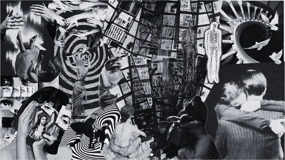 Surreal black and white collage by Kelli Reilly Creative Studio.