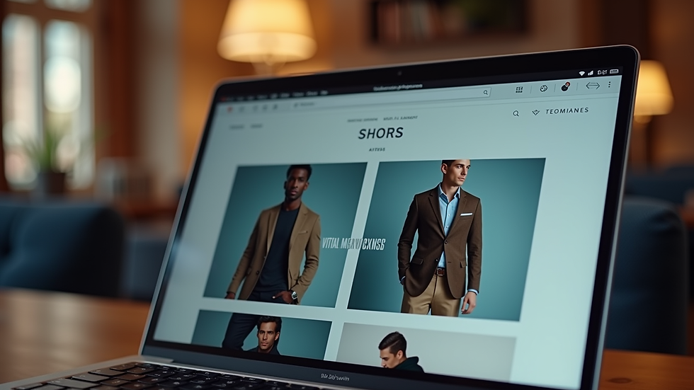 Close-up view of a laptop screen showing an online mens fashion store homepage