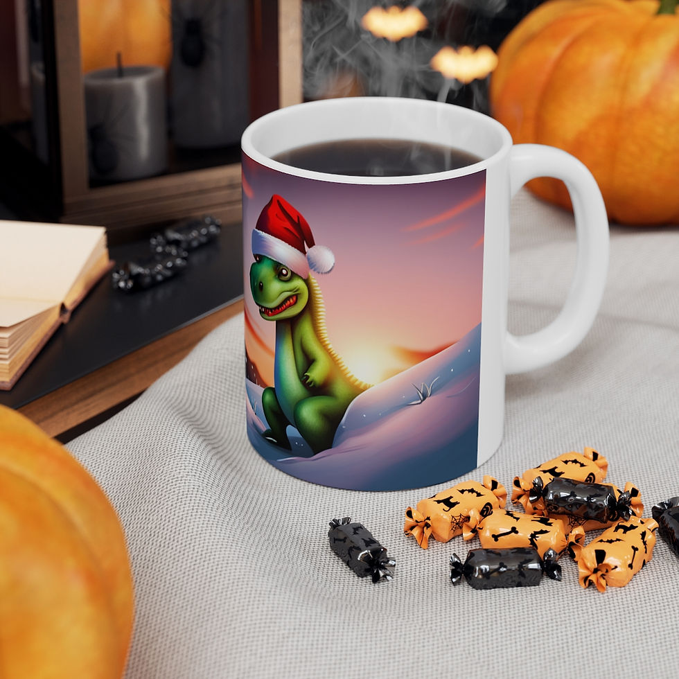Thumbnail: Customizable Dinosaur Raptor Rocks Christmas Santa 11oz Ceramic Coffee Mug #3