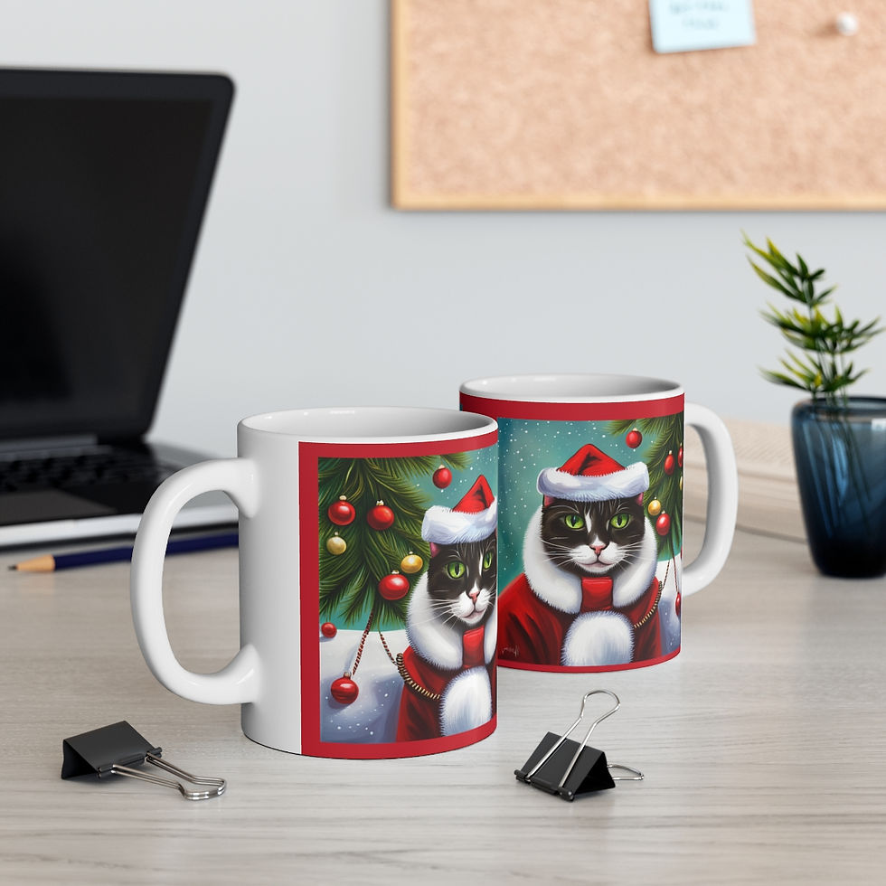 Thumbnail: Mischievous Gray Kitty Christmas Vibes 11oz Ceramic Coffee Mug Design #1