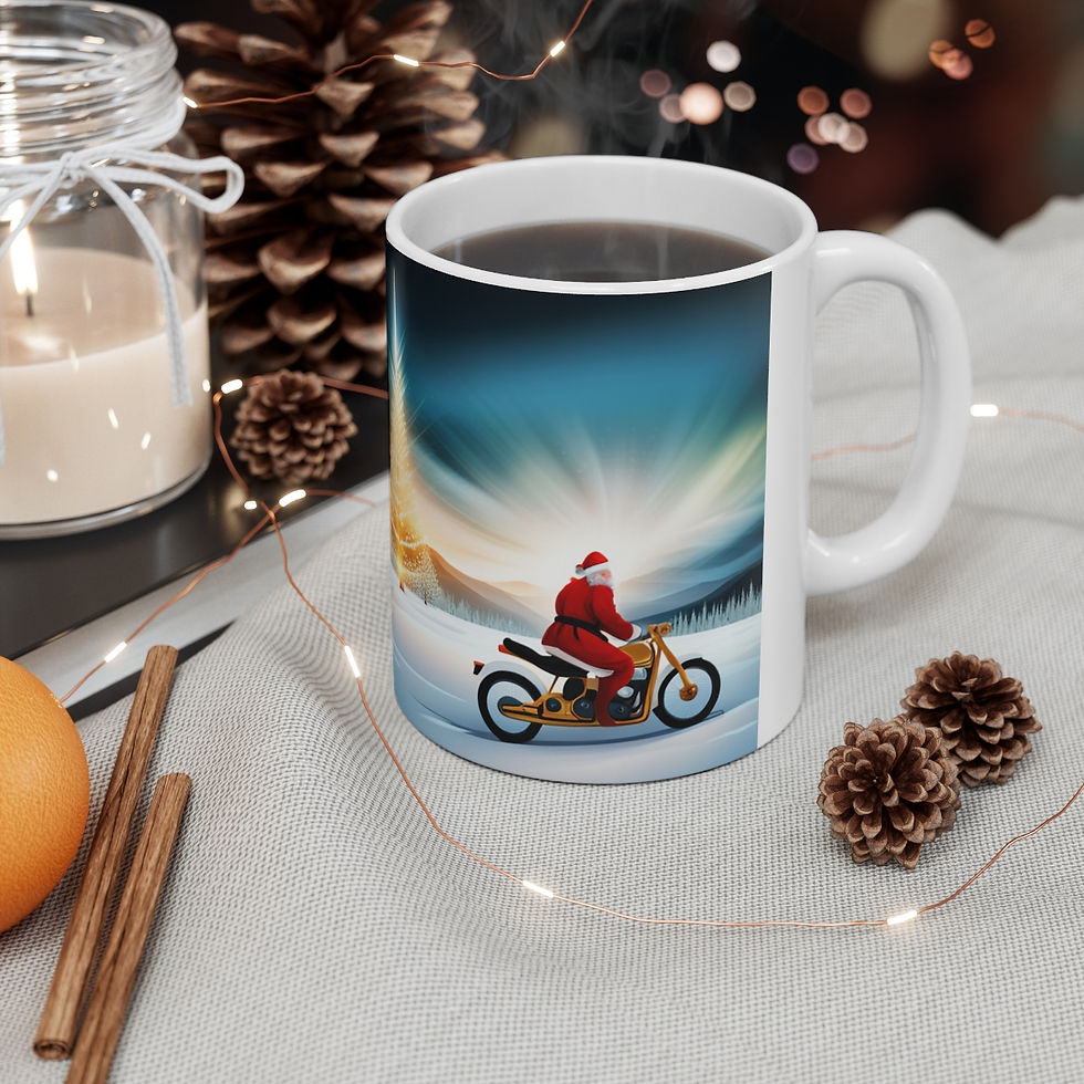 Thumbnail: Here Comes Motorcycling Santa 11 oz Ceramic Mug Package Delivery #1 Artwork