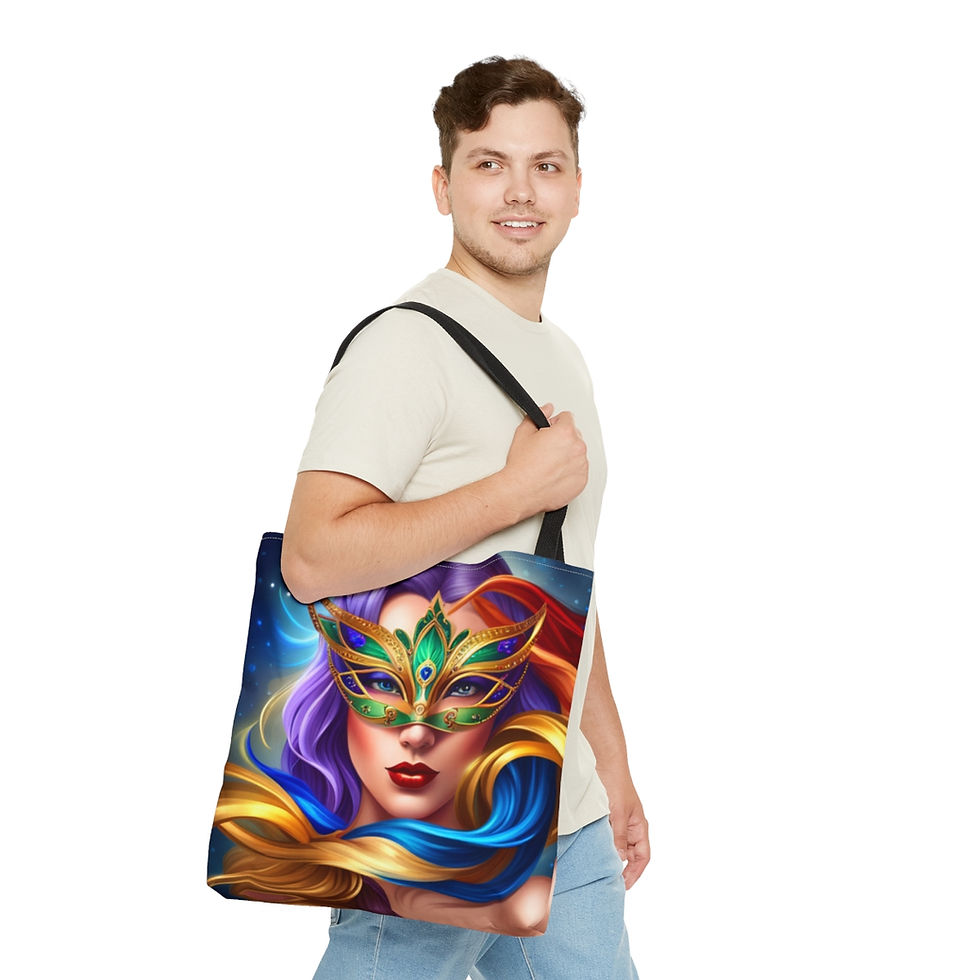 Thumbnail: Mardi Gras Ribbon Mask #8 Tote Bag AI Artwork 100% Polyester