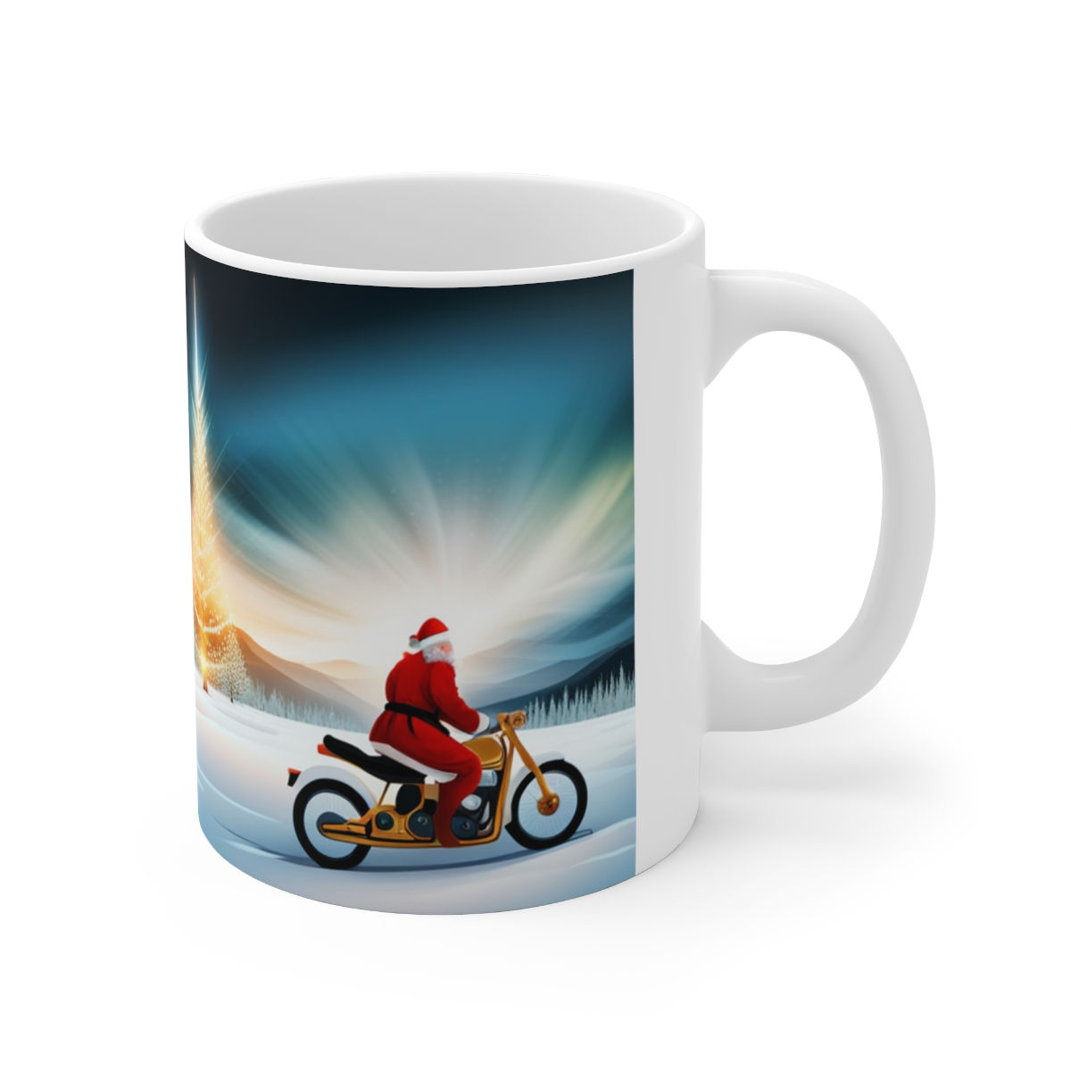 Here Comes Motorcycling Santa 11 oz Ceramic Mug Package Delivery #1 Artwork