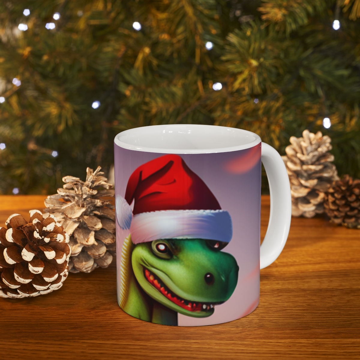 Dinosaur Raptor Rocks Christmas Santa Red Hat 11oz Ceramic Coffee Mug Design #3