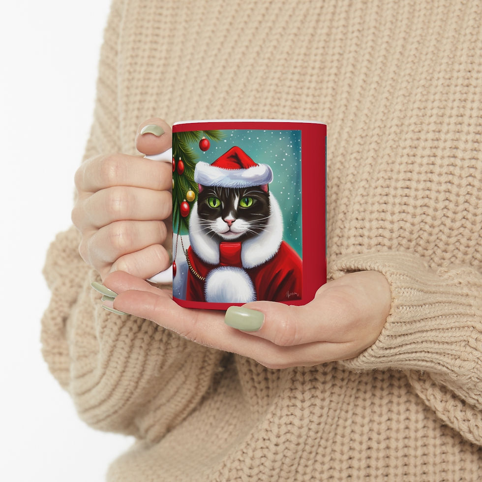 Thumbnail: Mischievous Gray Kitty Christmas Vibes 11oz Ceramic Coffee Mug Design #1
