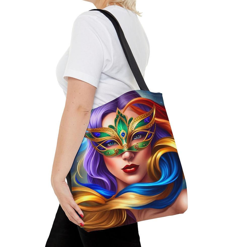 Thumbnail: Mardi Gras Ribbon Mask #8 Tote Bag AI Artwork 100% Polyester