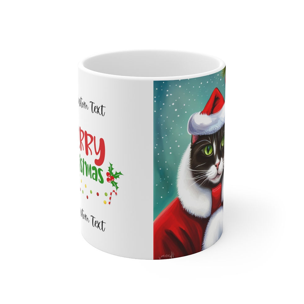 Thumbnail: Customizable Mischievous Gray Kitty Christmas Vibes 11oz Ceramic Coffee Mug  #1