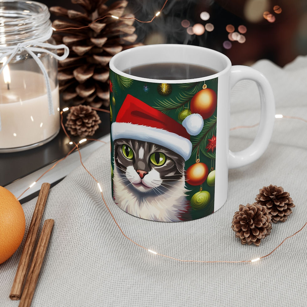 Thumbnail: Customizable  Gray Kitty Christmas Vibes 11oz Ceramic Coffee Mug  #4