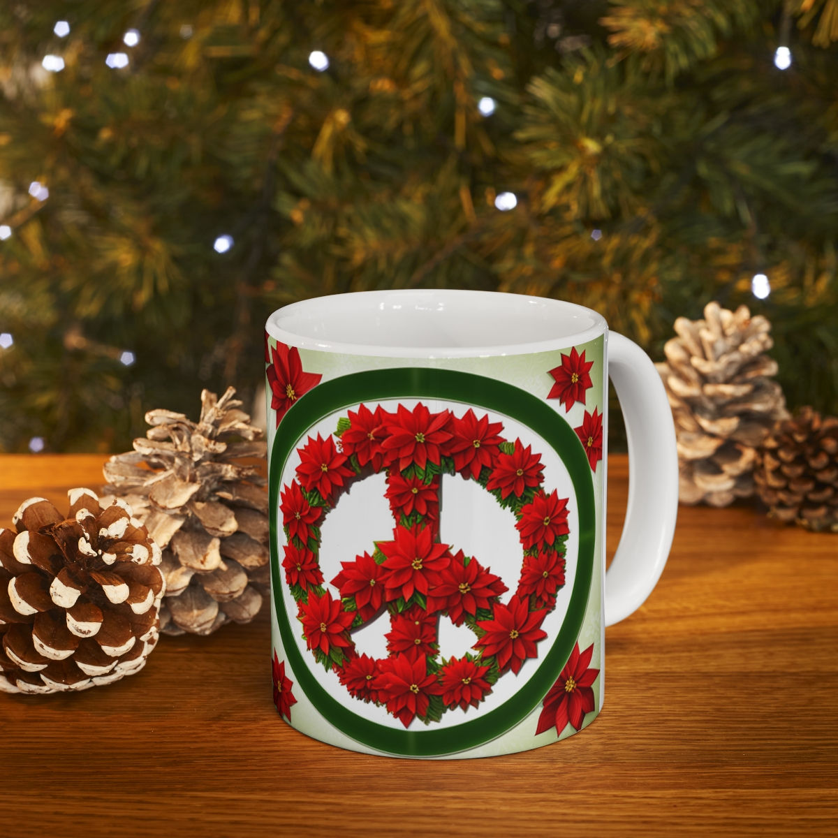Peace & Poinsettias Holiday Decorative 11oz Ceramic Coffee Mug