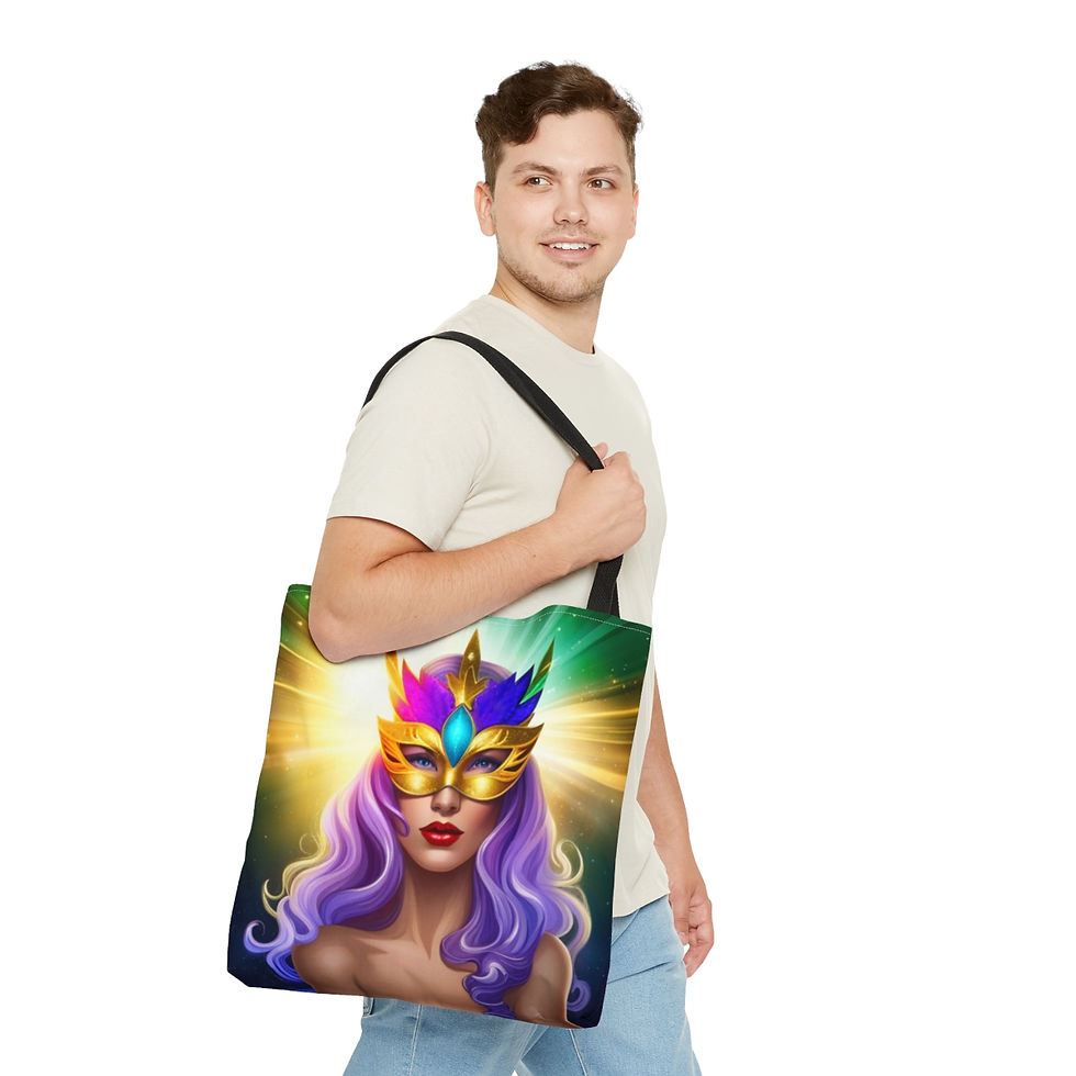 Thumbnail: Mardi Gras Ribbon Mask #5 Tote Bag AI Artwork 100% Polyester