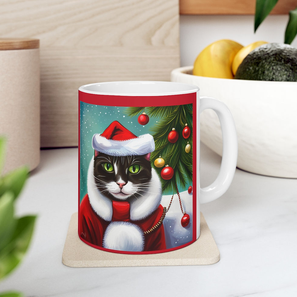 Thumbnail: Mischievous Gray Kitty Christmas Vibes 11oz Ceramic Coffee Mug Design #1
