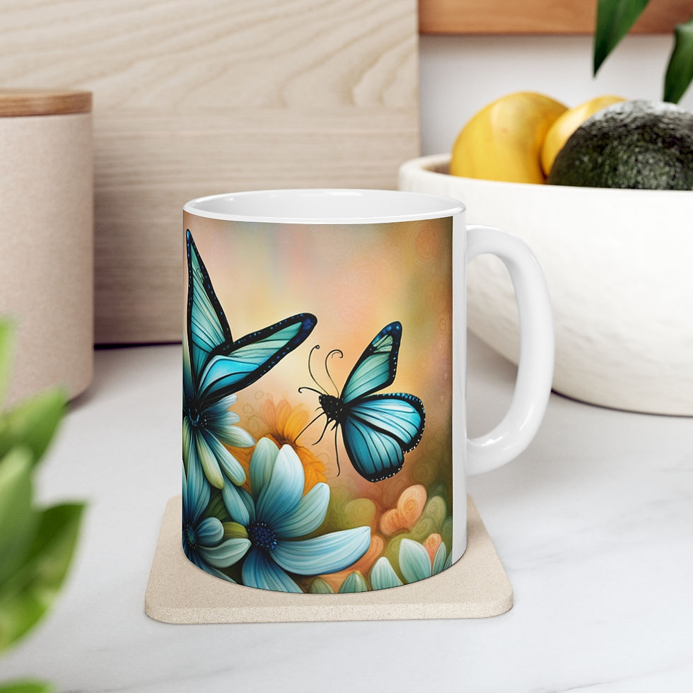 Thumbnail: March Aquamarine Birthday Fairies & Butterflies #2 11oz Ceramic Coffee Mug