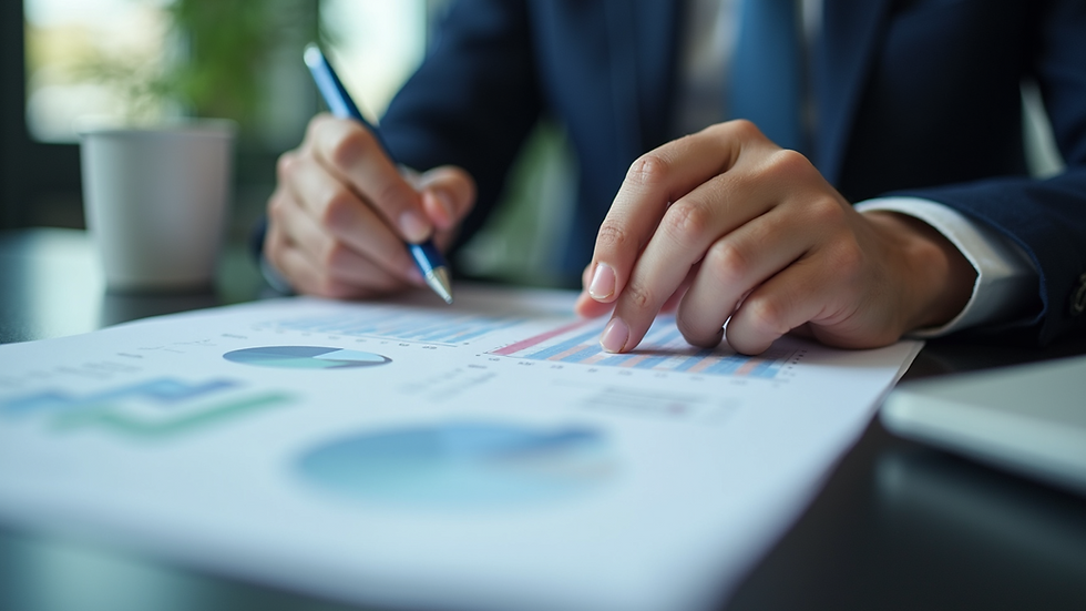 Close-up view of a financial analyst reviewing documents