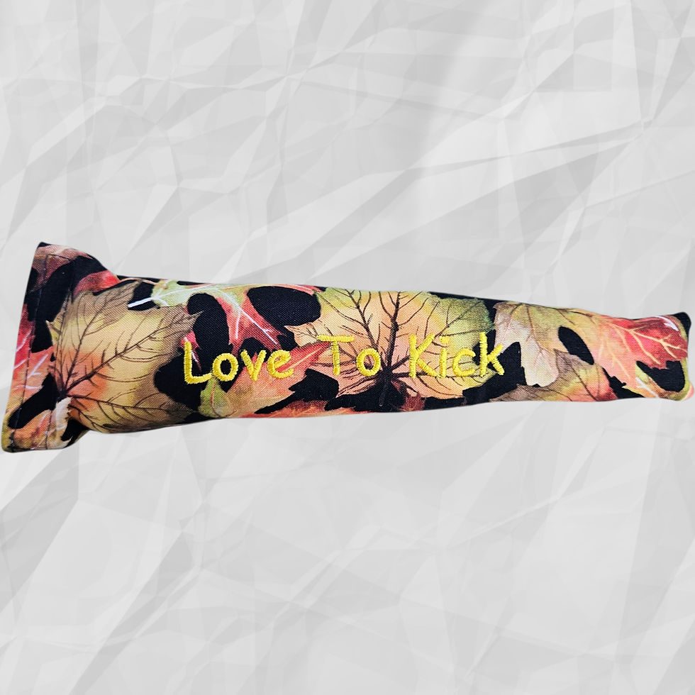 Thumbnail: Refillable Cat Kicker made with fall leaf fabric stuffed with catnip and says Love to Kick