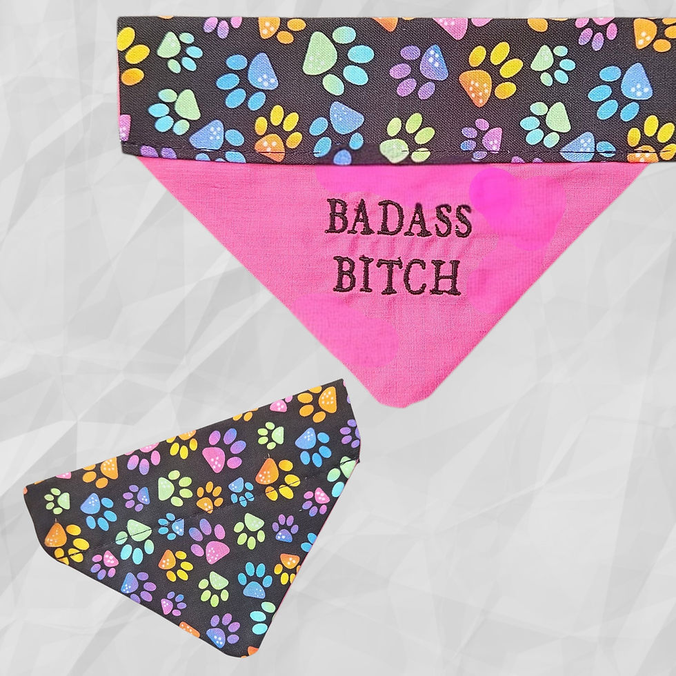 Thumbnail: Over-the-Collar Dog Bandana with multicolored pawprint on black fabric that says Big Sexy on a solid pink background