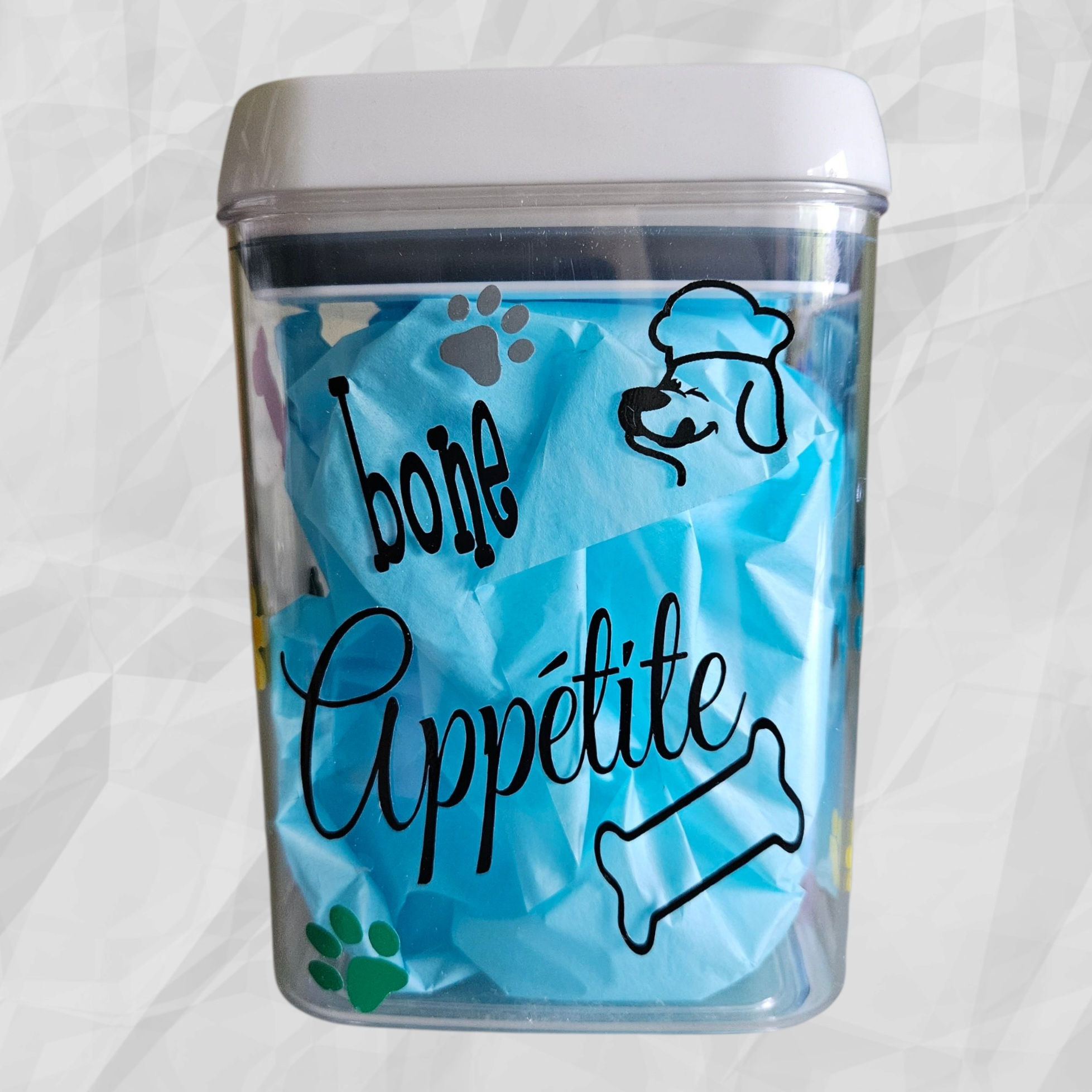 Treat Jar with the words Bone Appetite done in black