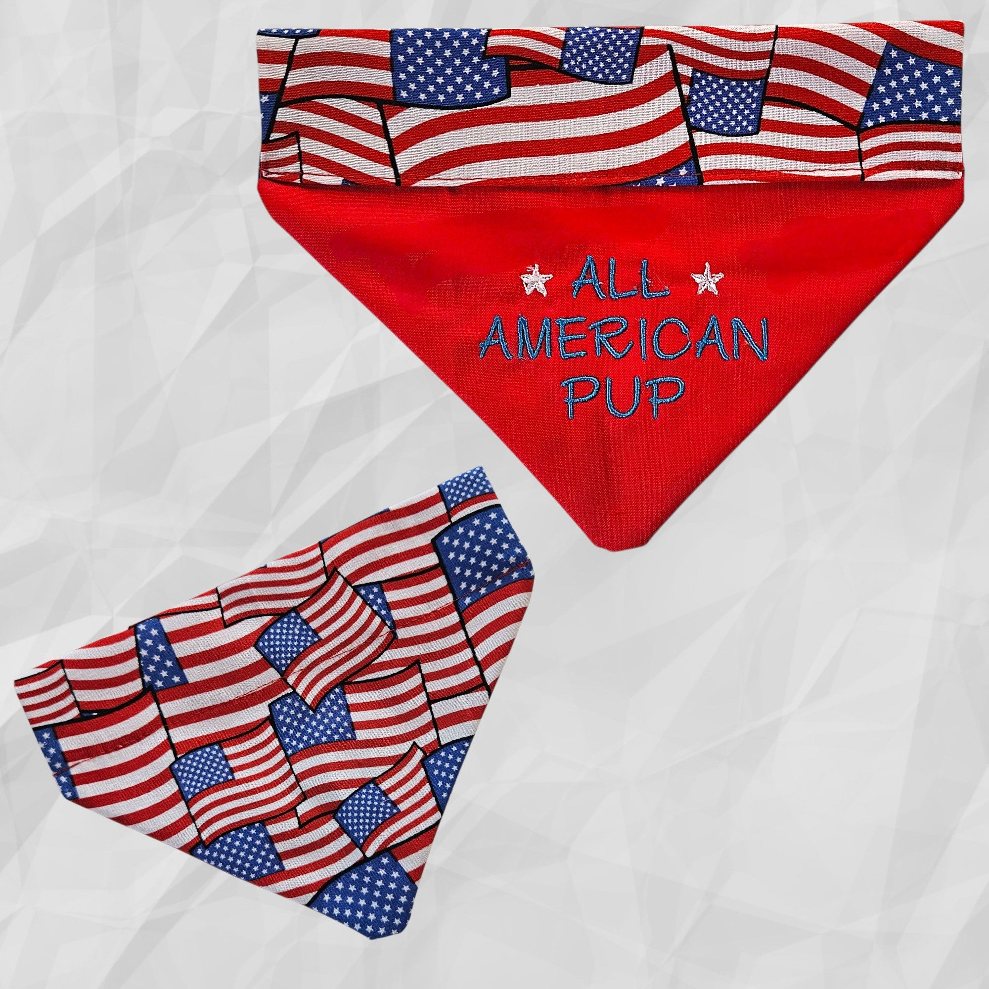 July 4th Patriotic Over The Collar Bandana with Floating Flags Fabric and All American Pup on a red solid in front