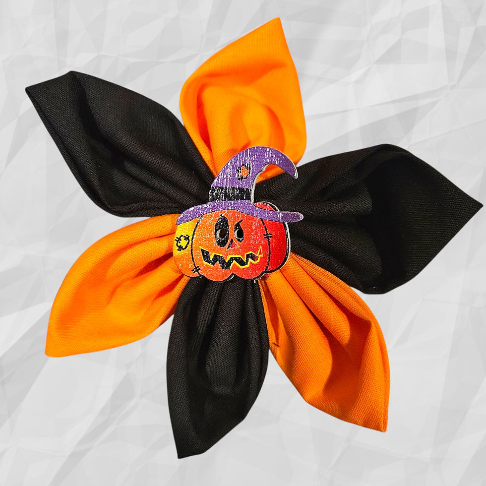 Thumbnail: Adorable halloween collar flower with orange and black petals and a halloween themed button in the center
