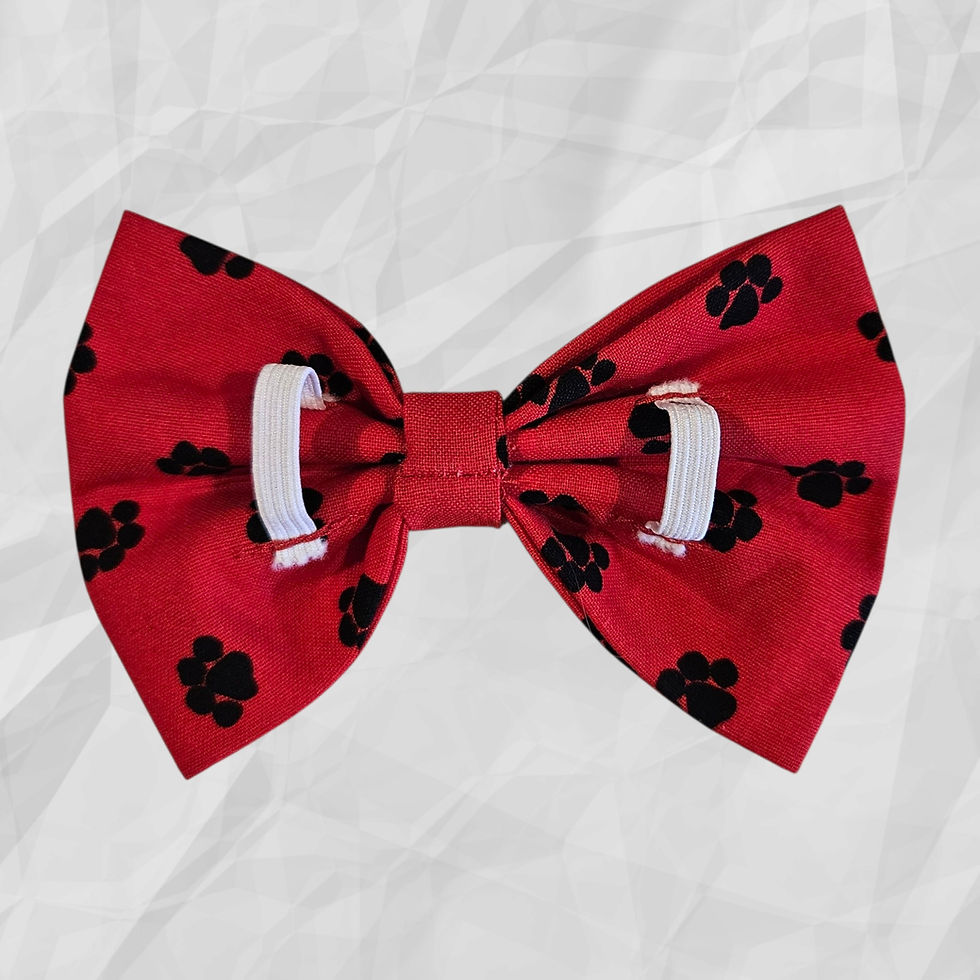 Thumbnail: A red pet bow tie with a black paw print pattern.